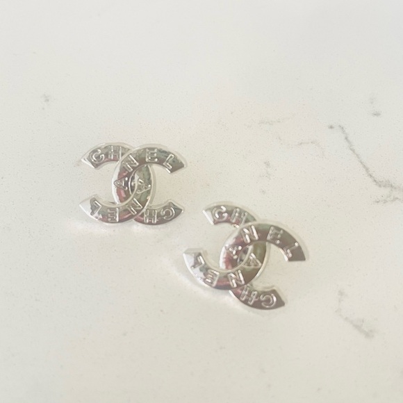 Upcycled Jewelry - Luxury Silver Signature Logo Repurposed Button Earrings 18mm